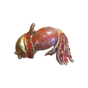 Vintage Gold Tone Red Jelly Belly Fish Brooch Pin Animal Green Eyes